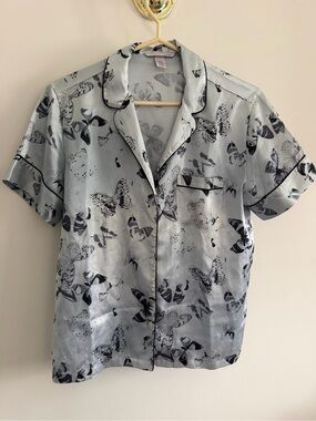 Victoria's Secret Light Blue Butterfly-Print Short Sleeve Shirt with Black Trim